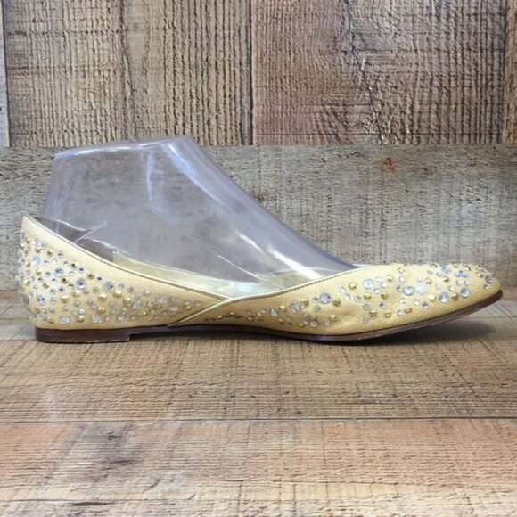 Valentino Garavani Ballet Flats Womens 38 Gold Canvas Crystals Slip On Shoes - Picture 5 of 13